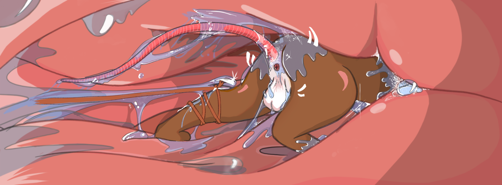 A mouse doing endo vore with a rope tied around their ankle